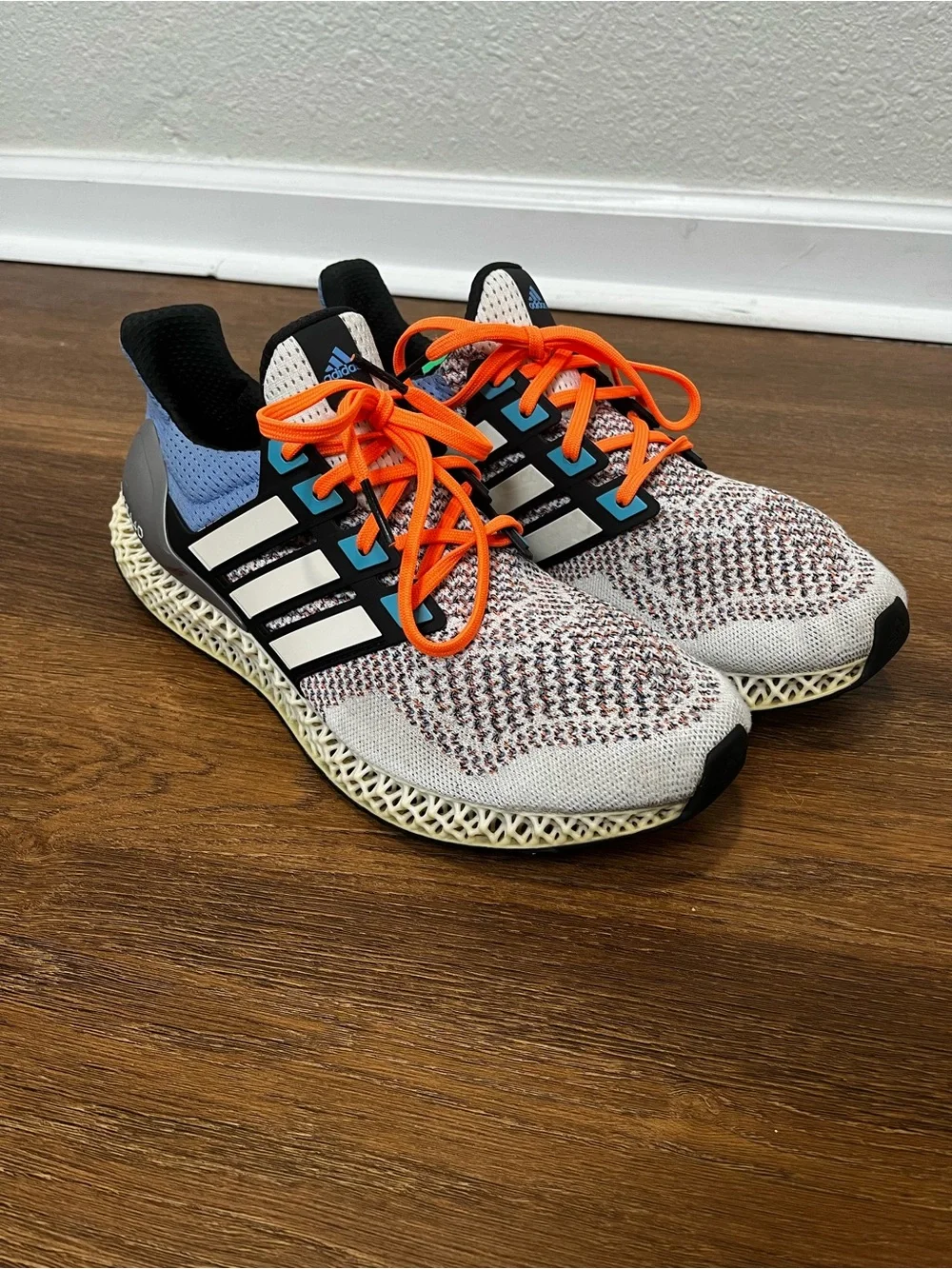 Men’s Adjdas Ultra 4D Blue, Orange and White Tennis Shoes Size 11.5